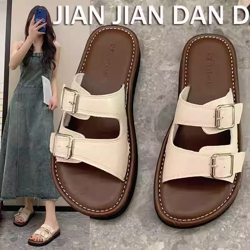 2025新款仙女风配裙子皮带扣平底沙滩凉鞋勃肯拖鞋女夏季外穿凉拖