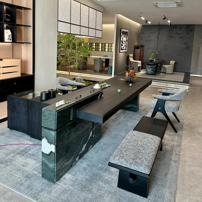 新中式北美黑胡桃实木岩板茶桌2025现代简约轻奢高级感会客泡茶台