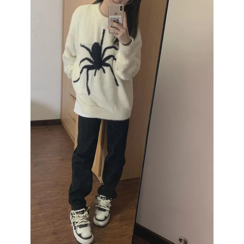 国潮高街马海毛蜘蛛毛衣男女宽松高级感小众设计情侣水貂绒针织衫