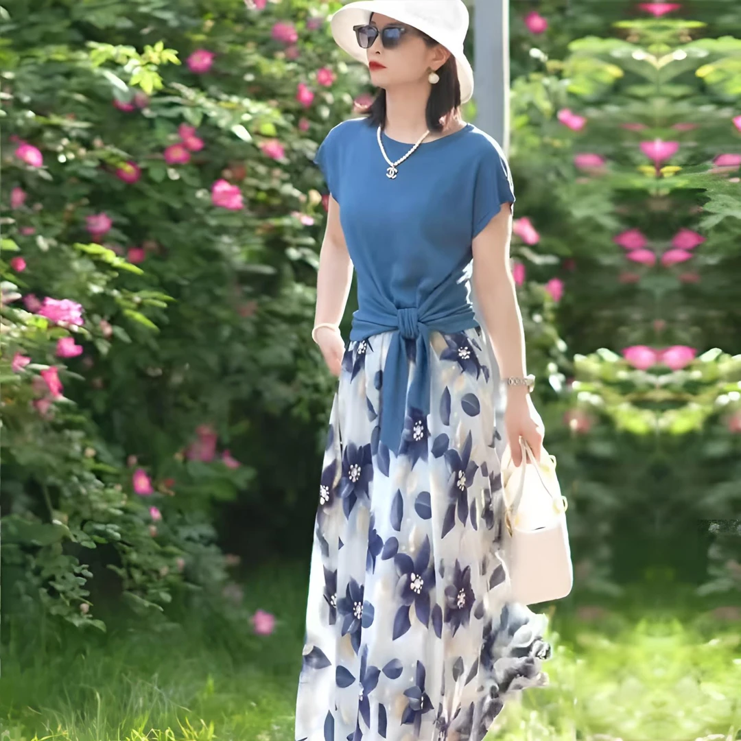 系带收腰显瘦T恤女短袖针织衫上衣中长款大摆印花半身裙夏季减龄