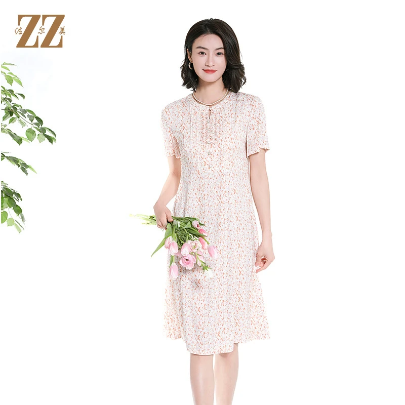 佐尔美夏季新款甜美减龄碎花时尚气质桑蚕丝短袖连衣裙女M42LS31