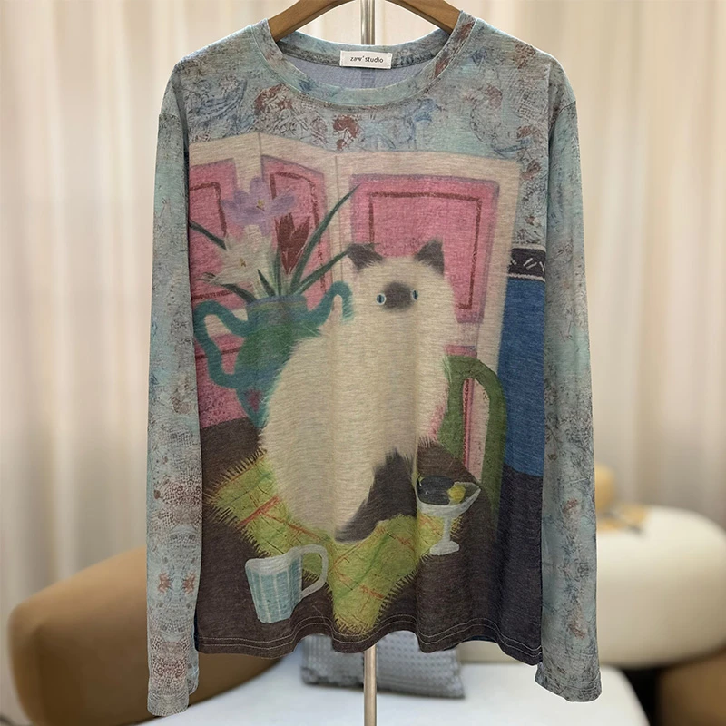 zaw大码扎染长袖防晒t恤女胖mm上衣显瘦遮肚子洋气宽松罩衫/25300