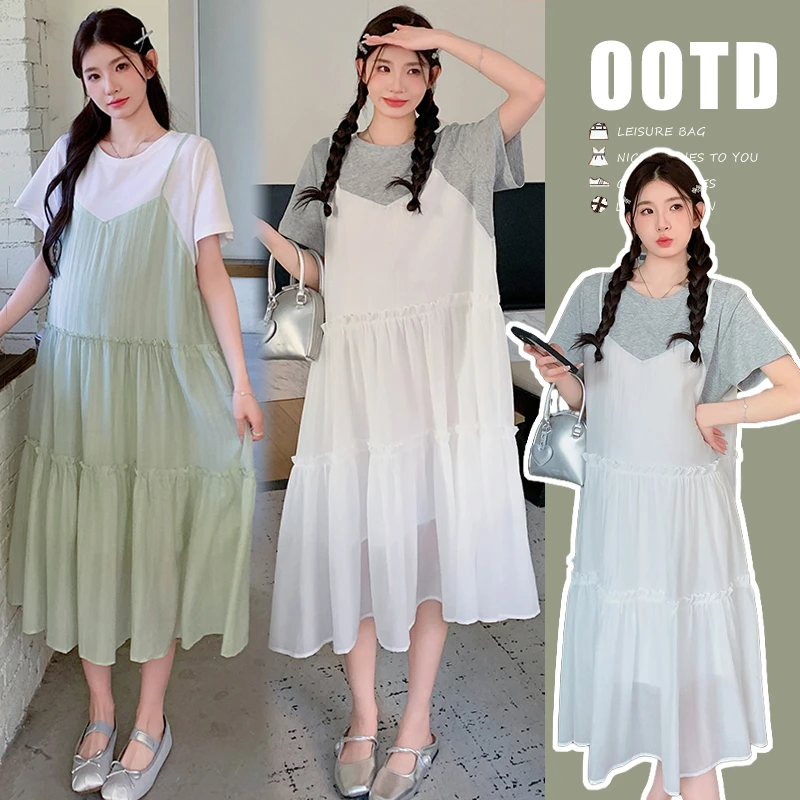 橙子家-2025夏季新款孕妇宽松韩版纯棉T恤拼接雪纺连衣裙假两件套