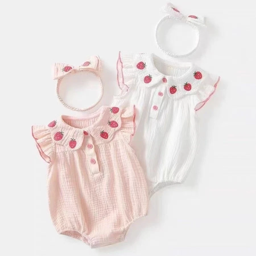 婴幼儿夏季草莓领纱布棉女宝宝洋气包屁衣