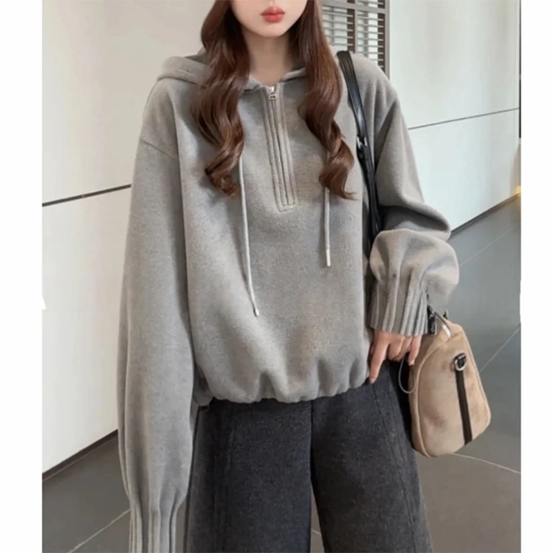 欧货时尚半拉链连帽灰色卫衣女冬季2025新款宽松休闲百搭套头上衣