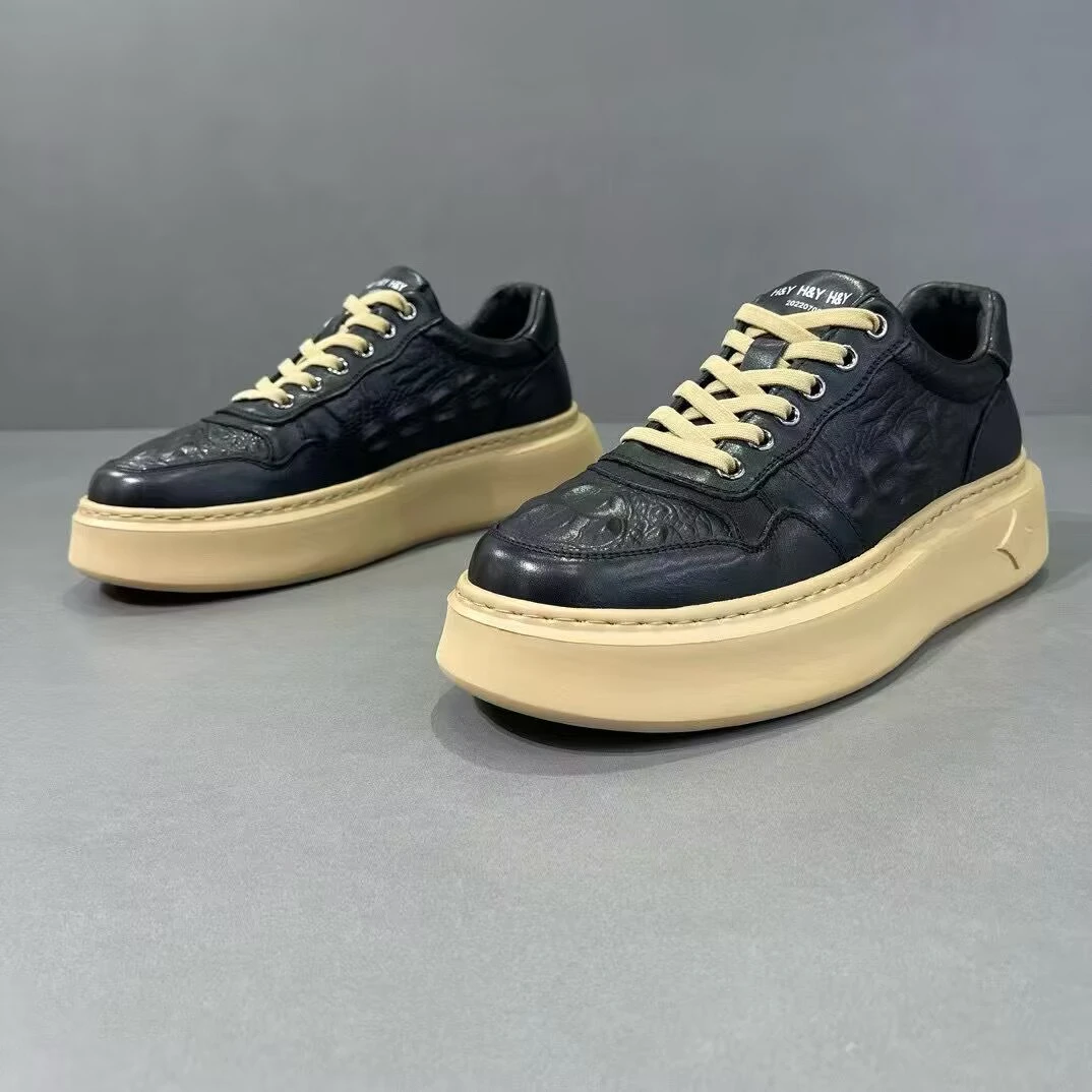 轻奢鞋子男款推荐秋冬季百搭透气潮鞋头层牛皮男士时尚休闲鞋厚底