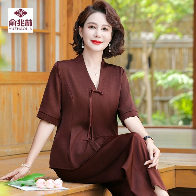 新中式妈妈夏装新款套装阔太太洋气高贵上衣中老年女装夏季两件套