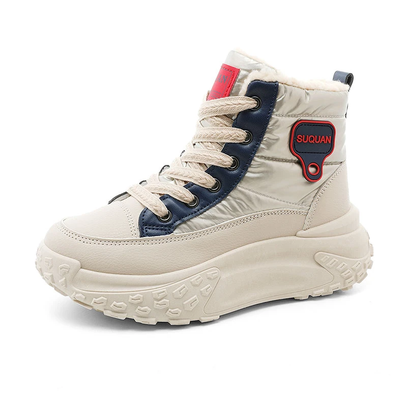 DAFIHNIE新款2025秋冬季女鞋保暖棉鞋拼色加绒厚底增高学生高帮鞋