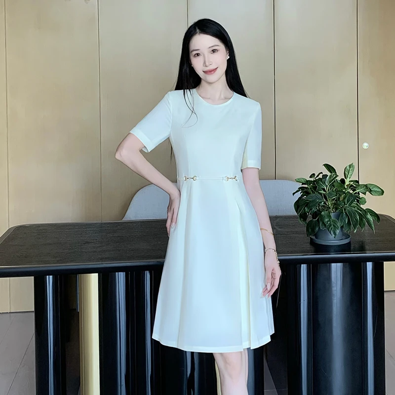 LYQ258白色圆领连衣裙女夏季新款售楼部接待正装时尚美业工作服