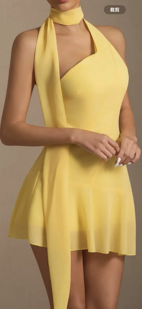 【直播间扣号专属链接】（小鱼）黄色雪纺飘带裙露背显瘦