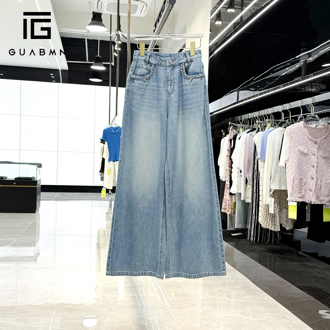 GUABMN2025夏季新款麻花口袋烫钻直筒牛仔裤长裤夏日穿搭5386