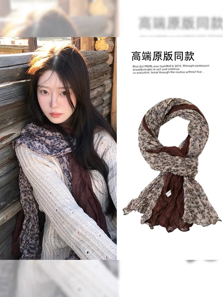 文艺复古~棕色褶皱碎花围巾云南大理旅游拍照百搭薄款棉麻披肩女