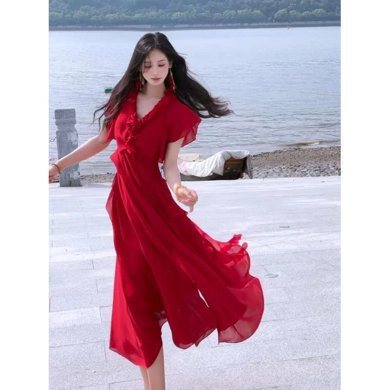 JM【赤红之光】法式轻奢优雅名媛气质短袖小众显瘦连衣裙