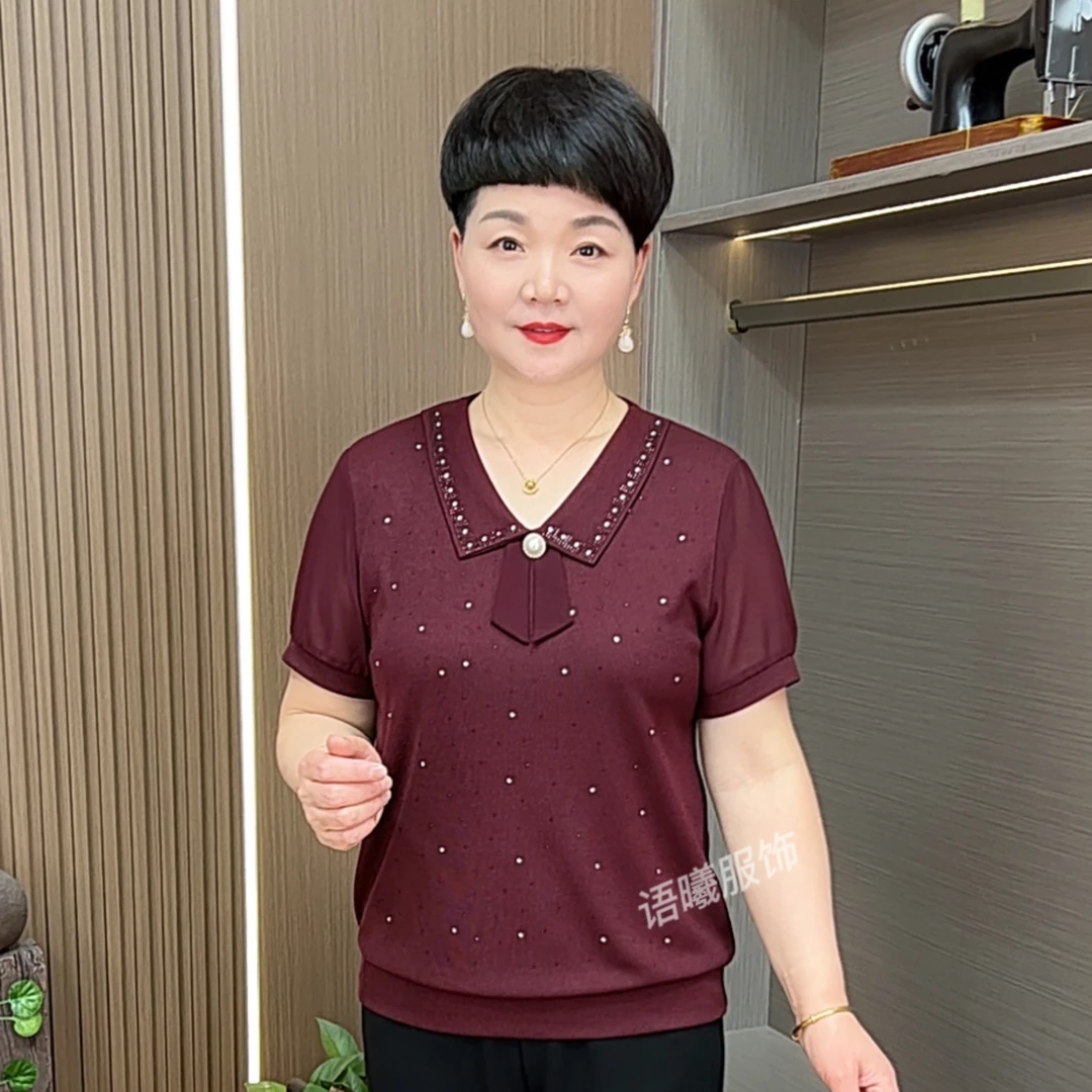 夏季新款时尚娃娃领烫钻气质短袖妈妈装上衣F1887