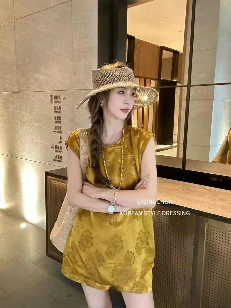 #1418新中式夏季醋酸提花缎面无袖背心搭配短裤套装