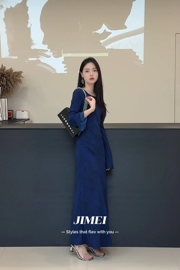 深海蓝高级斜裁圆领印花喇叭袖气质显瘦轻奢夏季连衣裙长裙裙子