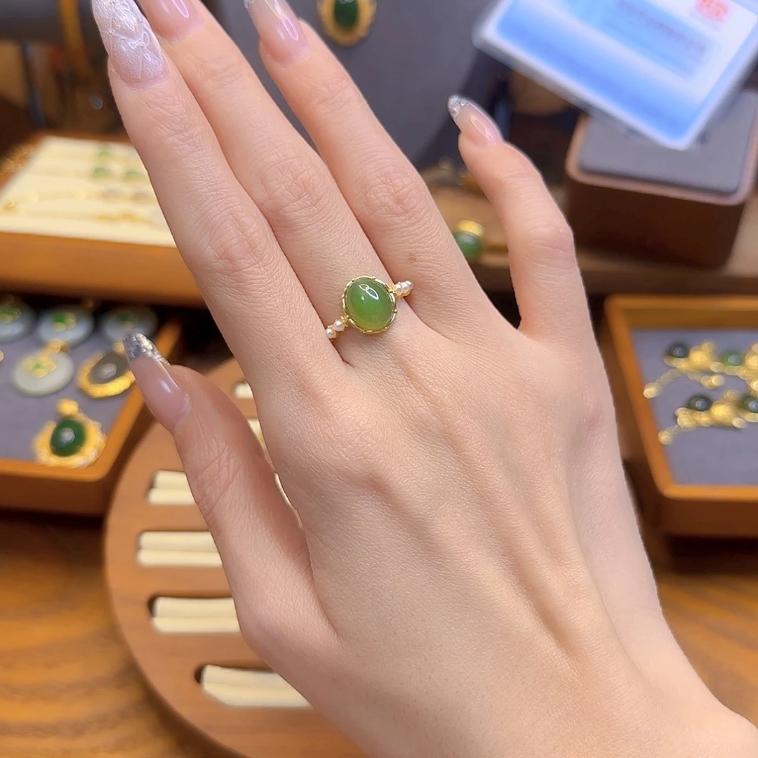 和田玉戒指银S925镀金镶嵌