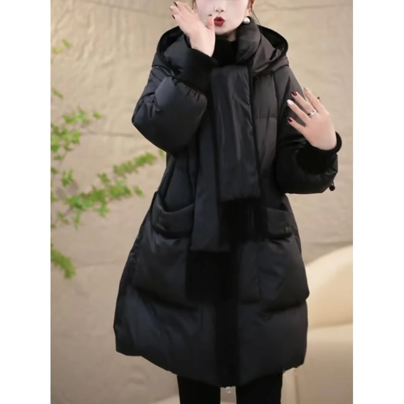 【羽绒服】冬季设计感围巾连帽优雅百搭白鸭绒羽绒服保暖洋气宽松女