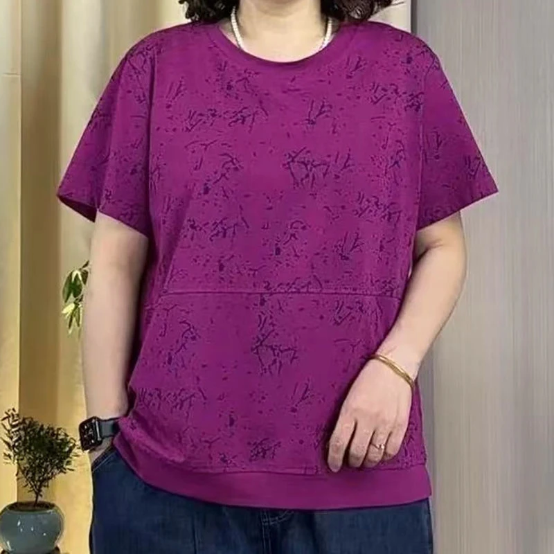 大码女装夏季新款时尚印花短袖T恤宽松百搭显瘦减龄开叉上衣T恤女