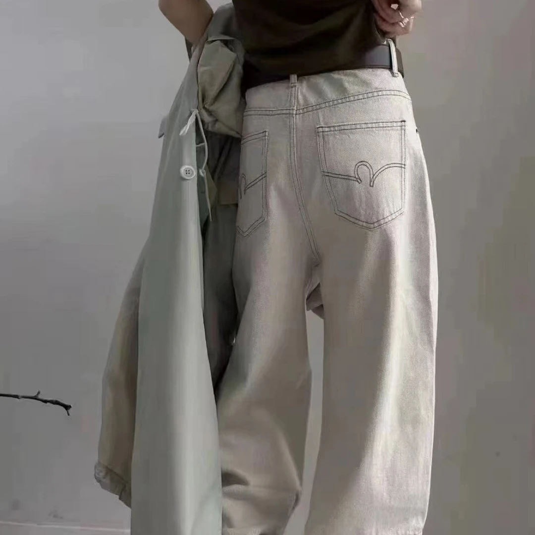 巴黎灰阔腿弯刀牛仔裤女新款高腰宽松显瘦通勤长裤