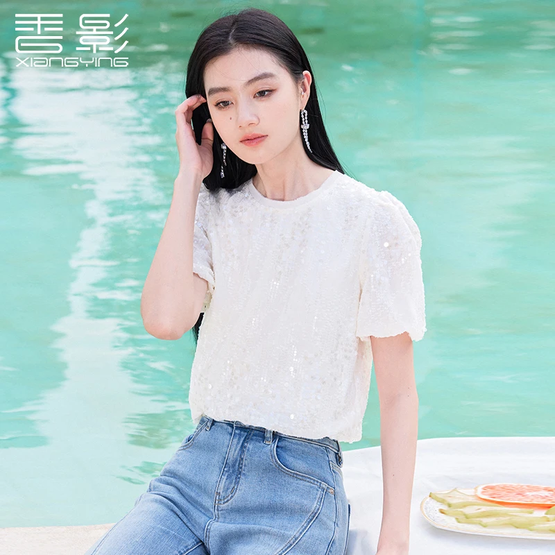 【丽公主】2318蕾丝衫 香影闪闪亮片泡泡袖上衣女年夏季新款设计感