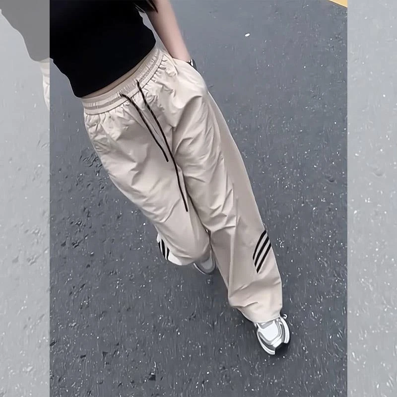美式休闲高街工装抽绳直筒裤女2025年夏宽松侧边高腰条纹阔腿裤子