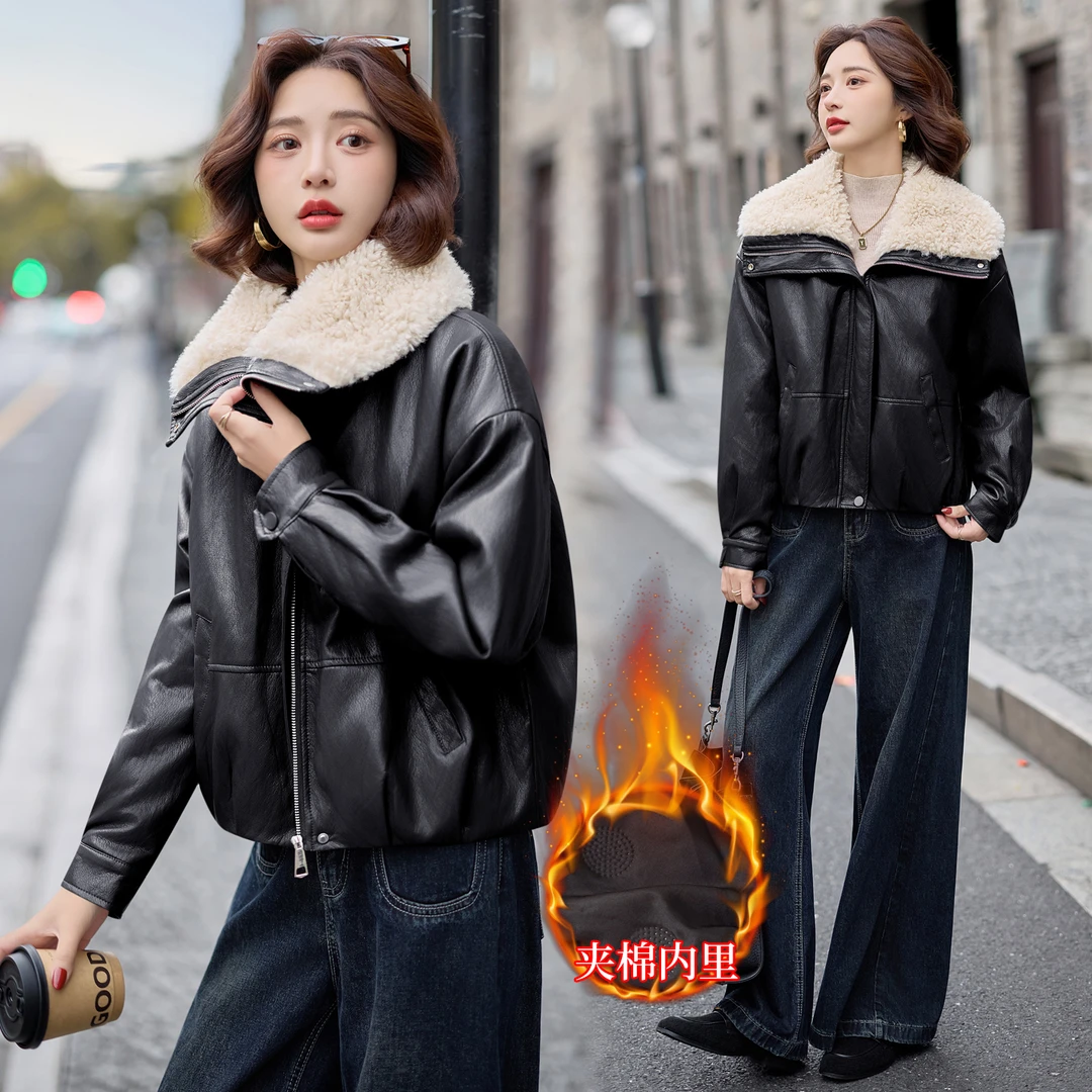 主推大翻领加丝绵皮衣短外套女秋冬新款保暖时尚酷飒机车PU皮夹克