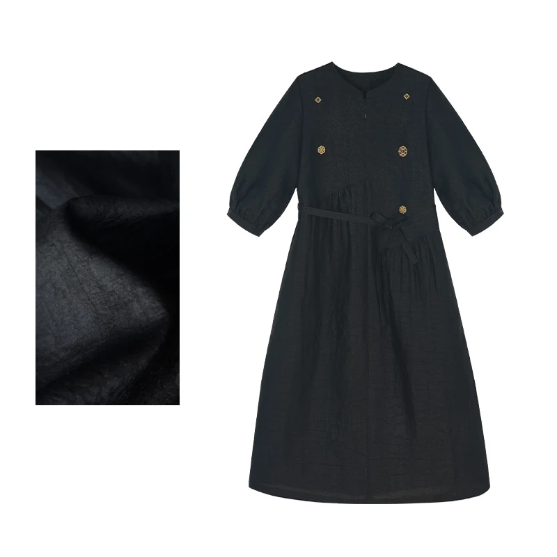 文艺复兴风黑色连衣裙夏季连衣裙方领黑色收腰刺绣Y50911