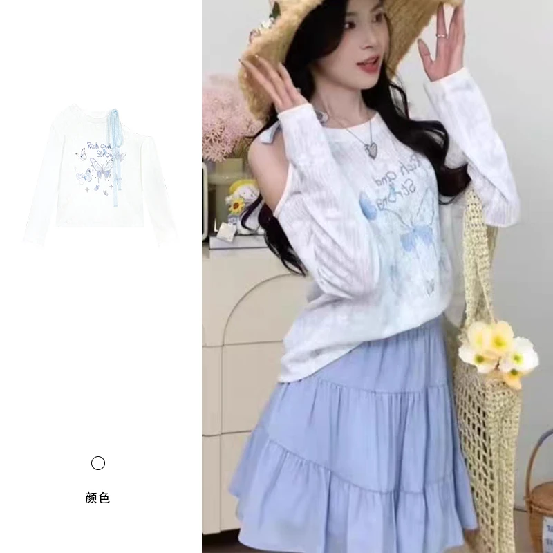 【露肩蝴蝶印花长袖T恤女甜美宽松防晒罩衫 H047】