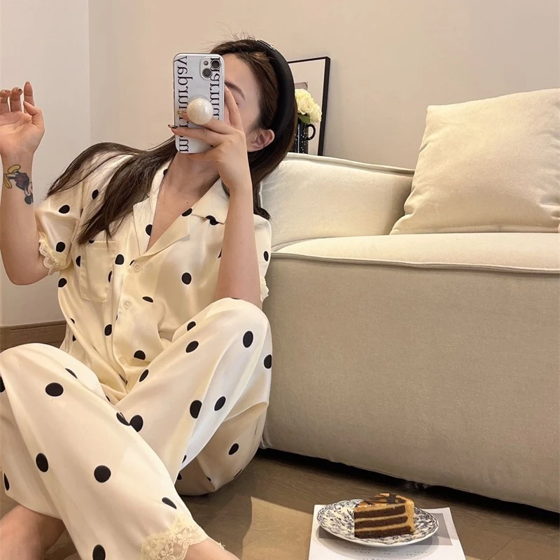 新款冰丝睡衣2025年春夏女长袖长裤轻奢黑圆点蕾丝舒适家居服套装