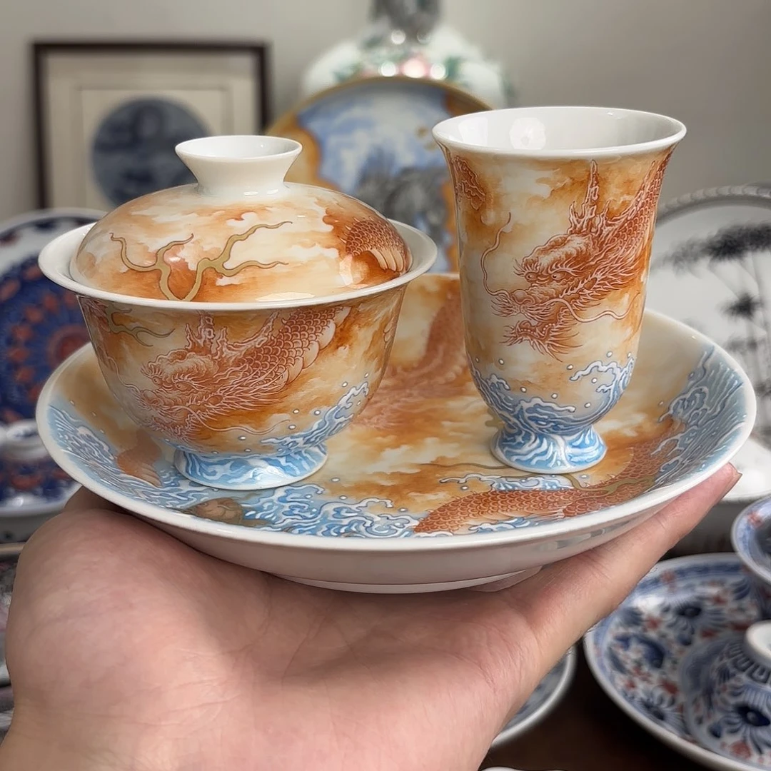 矾红鱼化龙杯子盖碗壶承