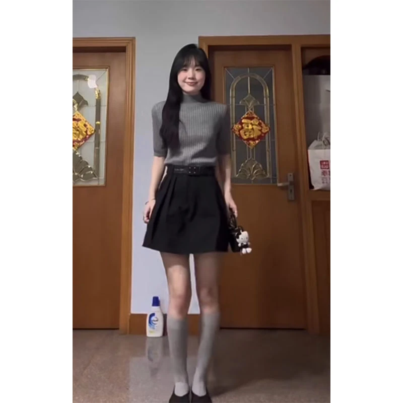 千金清冷感贵系衣服穿搭韩系辣妹修身短袖针织衫时尚花苞半身裙女