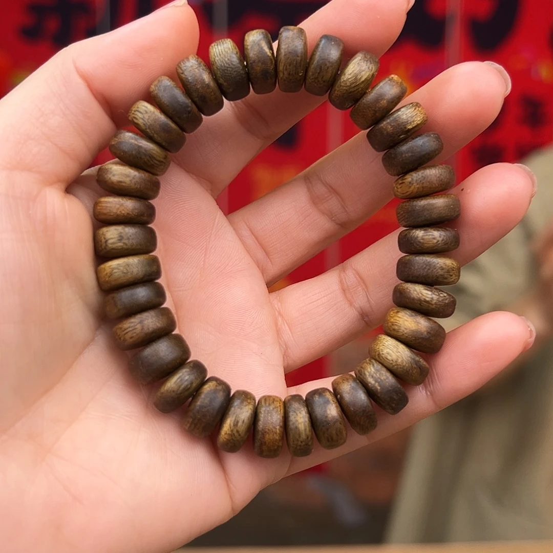 沉香手串海南莺歌绿奇红金霓算盘珠单圈一条1.1