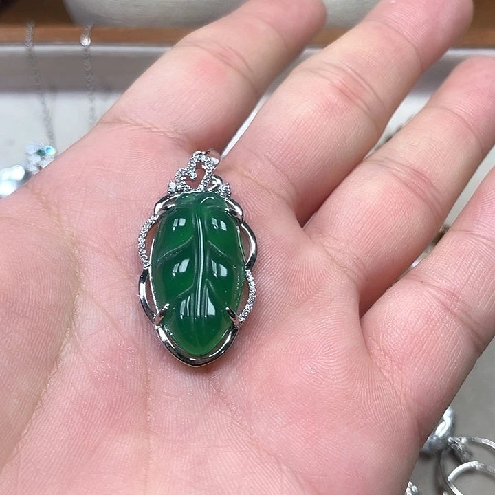 圜***）坠链均925银珐琅绿色树叶