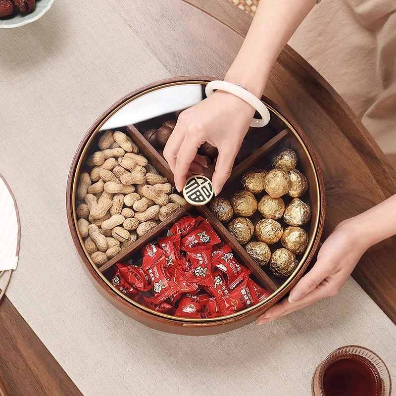 格娜斯高档过年实木双层果盒带盖家用客厅茶几坚果干果收纳盒果盘