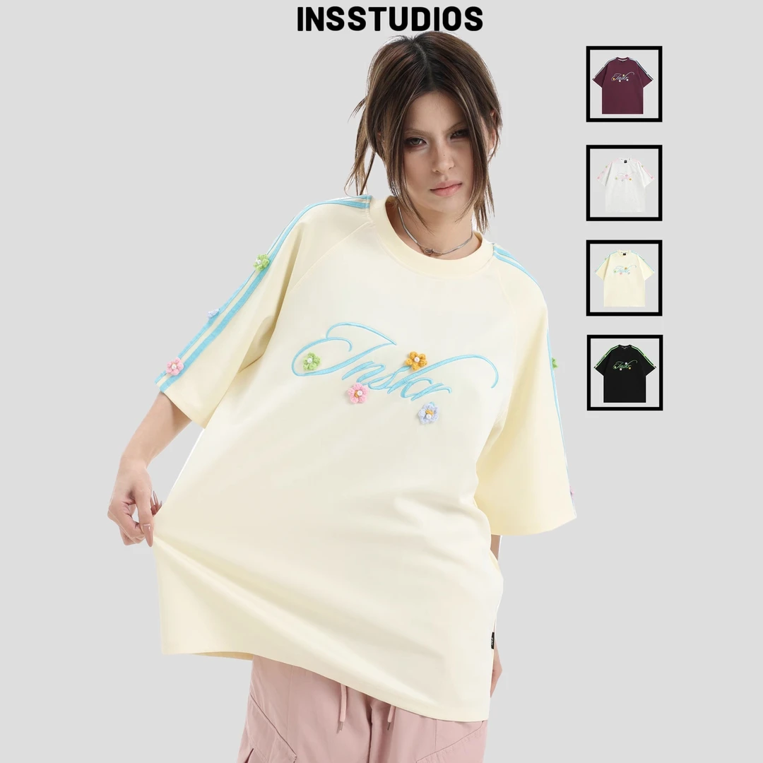 INSstudios国潮牌情侣美式手缝立体花卉条纹短袖空气层凉感t恤男