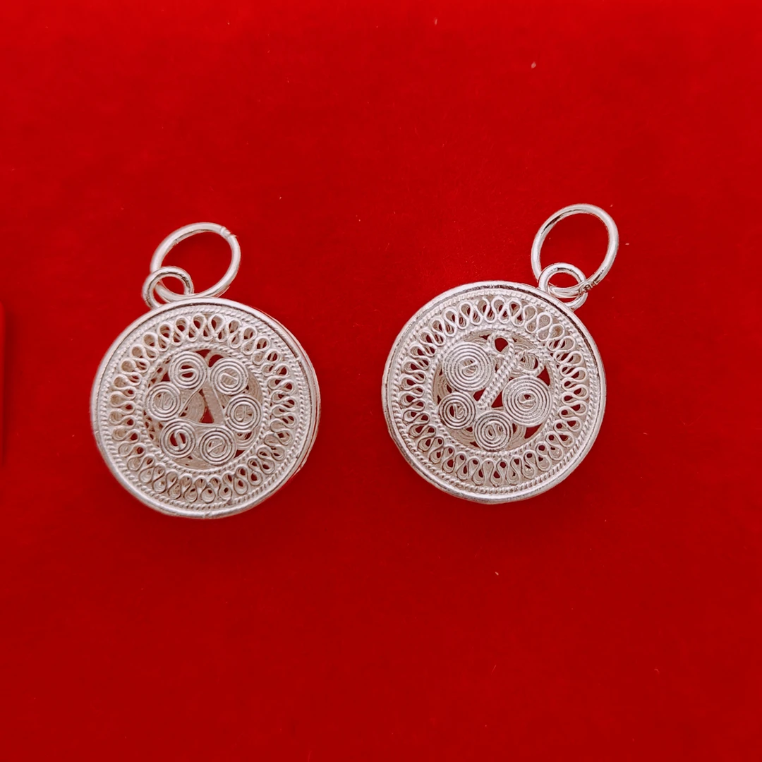 坠链均足银 足银990花丝蝴蝶平安鼓太阳鼓宝宝女生生日礼物吊坠