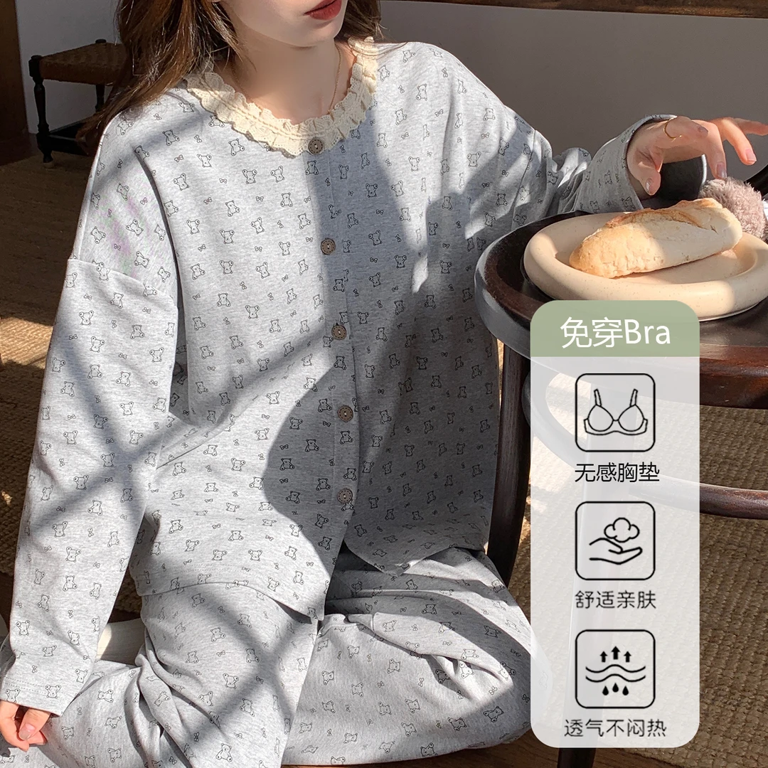 带胸垫睡衣女款爆款2025新款春秋长袖长裤可外穿韩版高颜值家居服