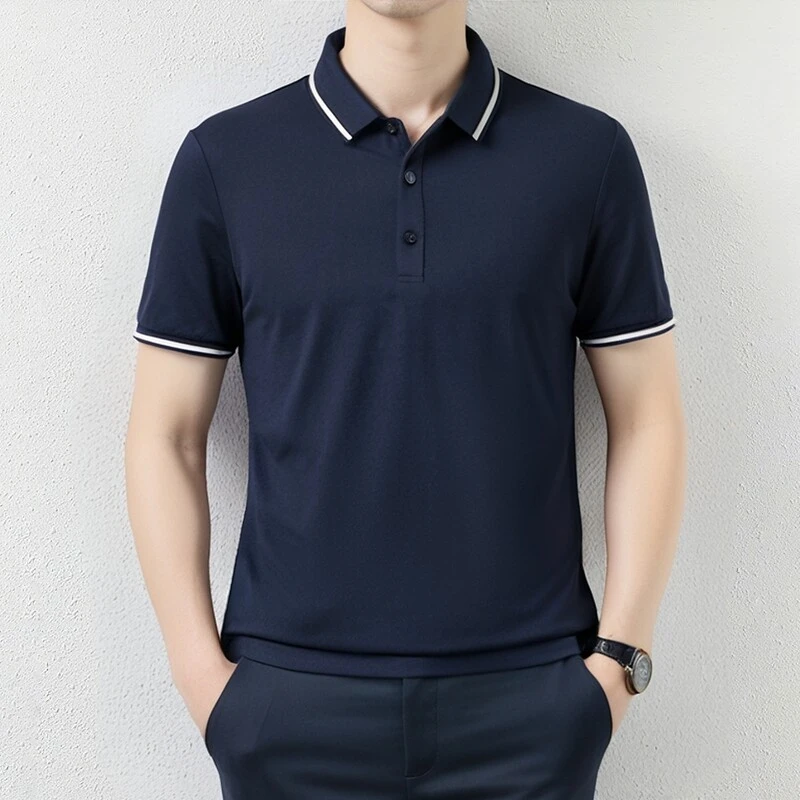新款高级感休闲纯色短袖透气桑蚕丝爆款半袖T恤纽扣POLO衫上衣男
