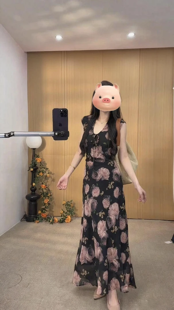 夏季新款温柔风碎花绑带气质收腰时尚修身连衣裙