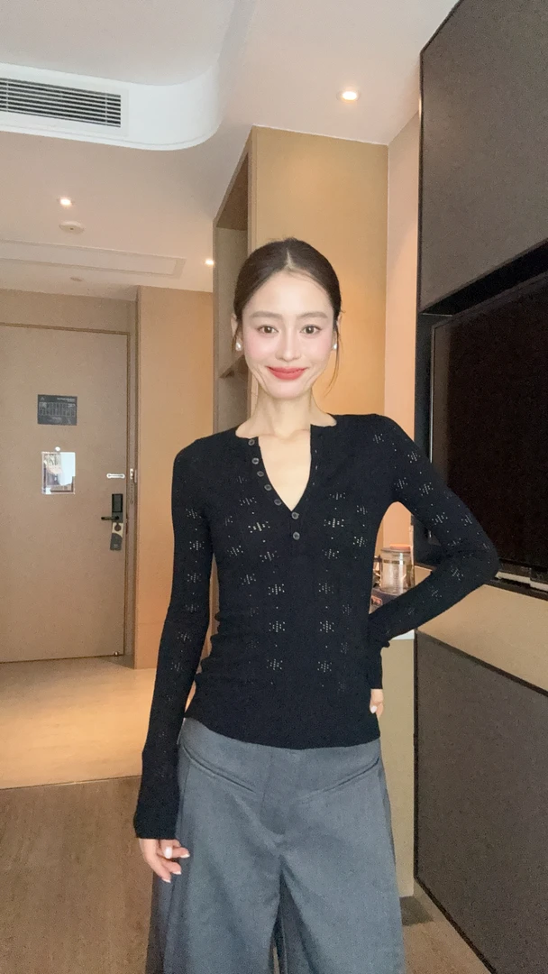 【部分现】辣妹镂空毛针织衫打底亨利长袖修身显瘦女内搭上衣M1177