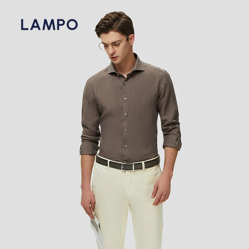 LAMPO/蓝豹【老钱风】春夏季时尚亚麻薄款衬衫长袖男士休闲翻领衬衣