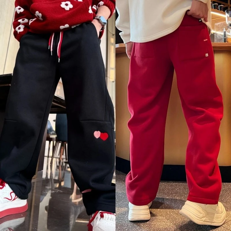 冬季新款植绒贴布卫裤时尚加绒加厚休闲裤撞色宽松男款阔腿弯刀裤