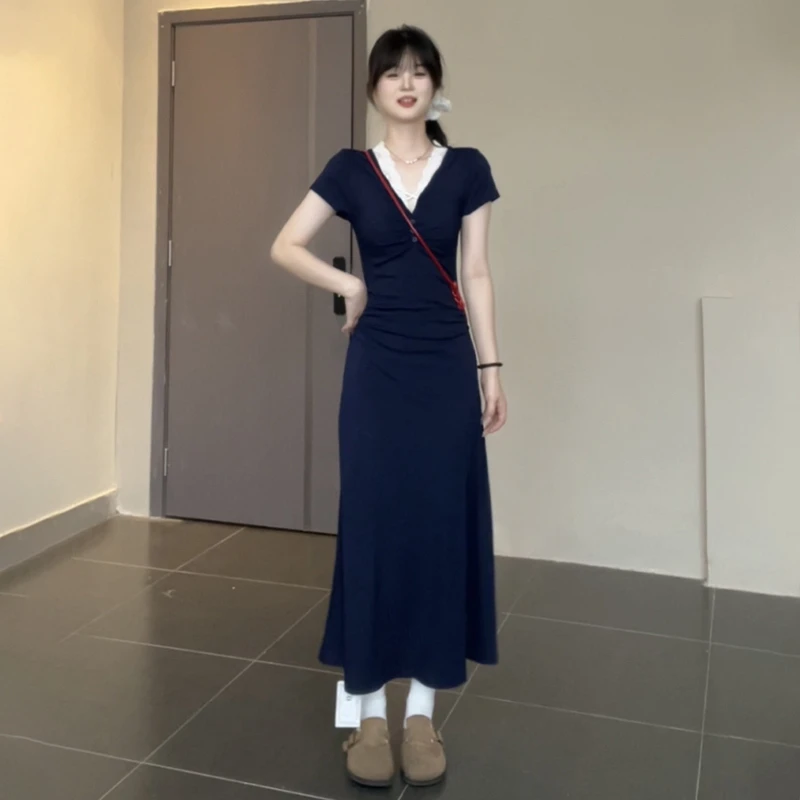 法式纯欲风V领蕾丝花边连衣裙女夏季2025气质收腰显瘦a字长裙3482