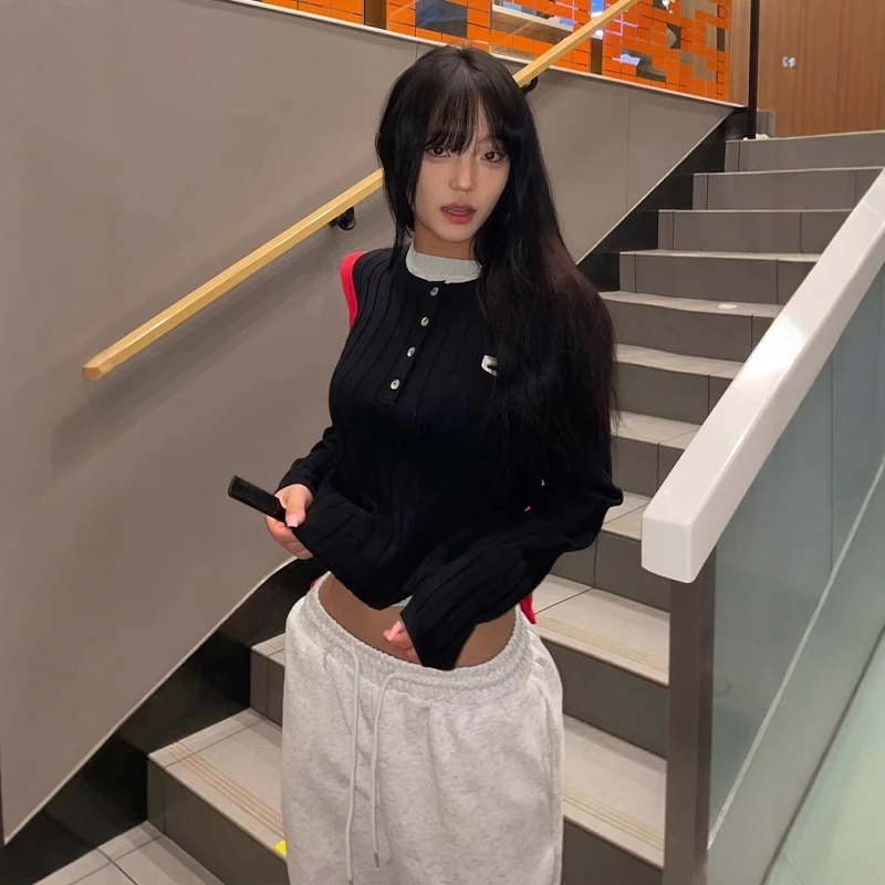 AQUILIA 假两件针织衫女大学生春季拼接辣妹打底衫小众独特上衣潮