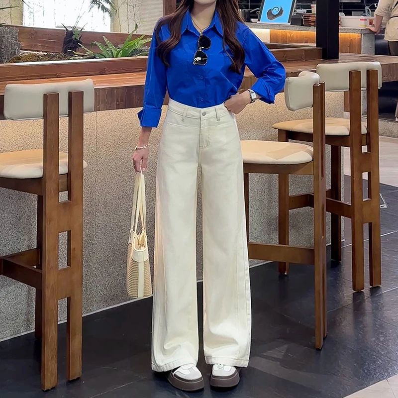 美思源米白色阔腿牛仔裤女2025春季新款高腰窄版显瘦百搭直筒长裤