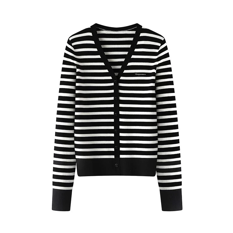 1307春季新款V领单排扣黑白条纹撞色修身显瘦针织开衫毛衣外套