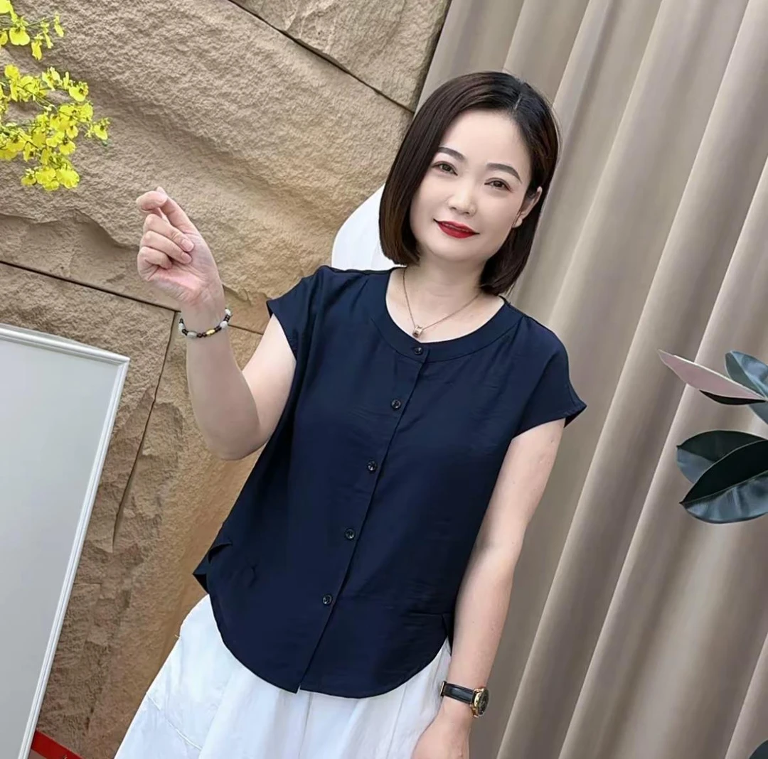 A717圆领开衫夏季宽松薄款女士衬衫休闲上衣显瘦纯色大码百搭时尚