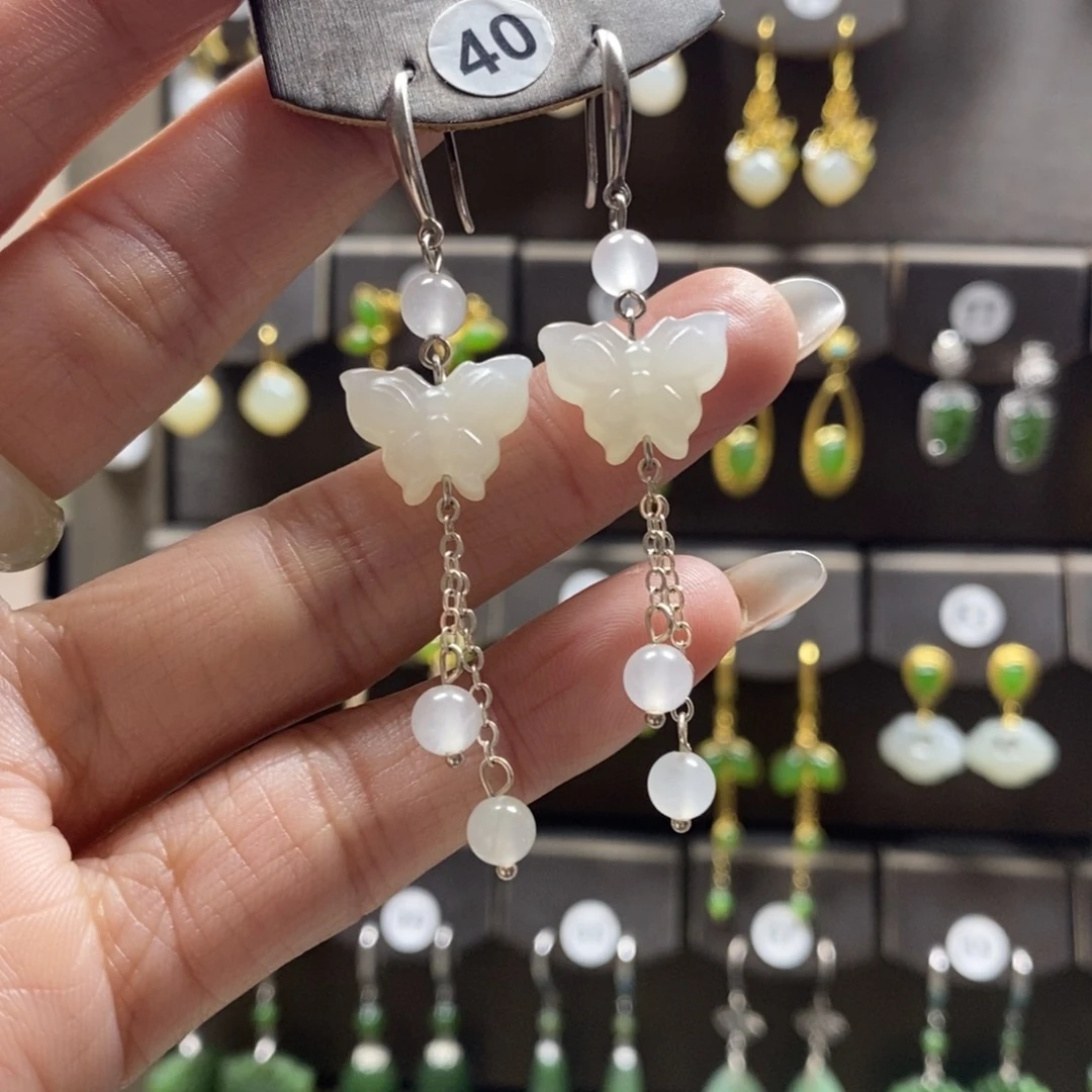 和田玉耳饰银S925镶嵌j****水