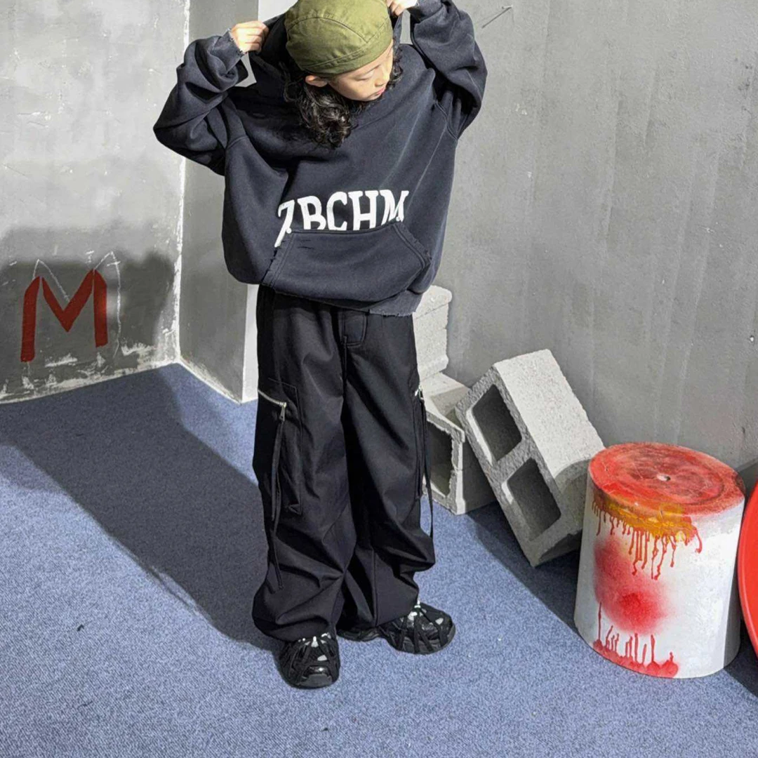 街头潮酷飘带加绒工装裤中大童可抽绳宽松裤子秋冬新款